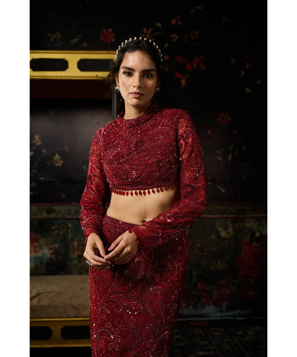 DIYARAJVVIR - MAROON EMBELLISHED TRAIL SKIRT SET